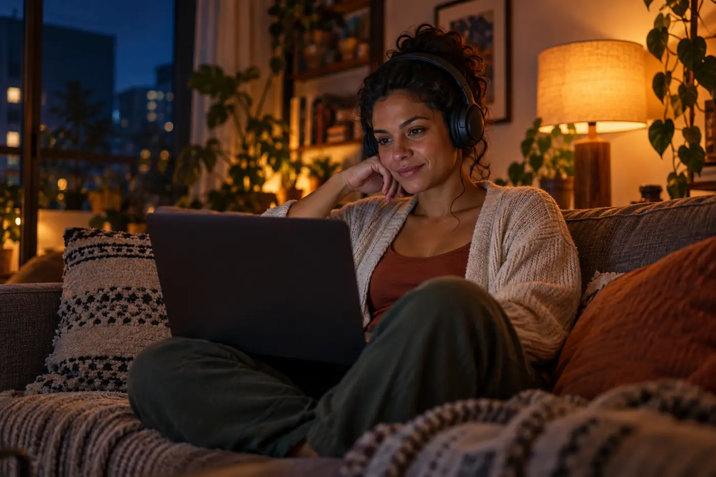 Paciente em casa, de fone, numa sessão por vídeo pelo notebook