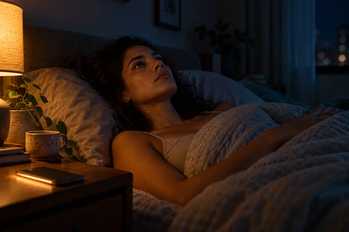 Mulher acordada na cama de madrugada, olhando para o teto