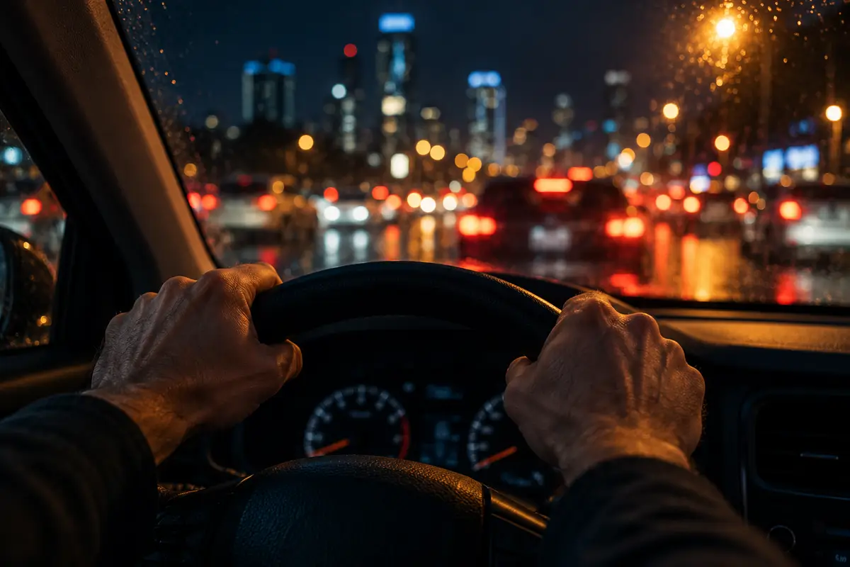 Mãos apertando o volante no trânsito à noite